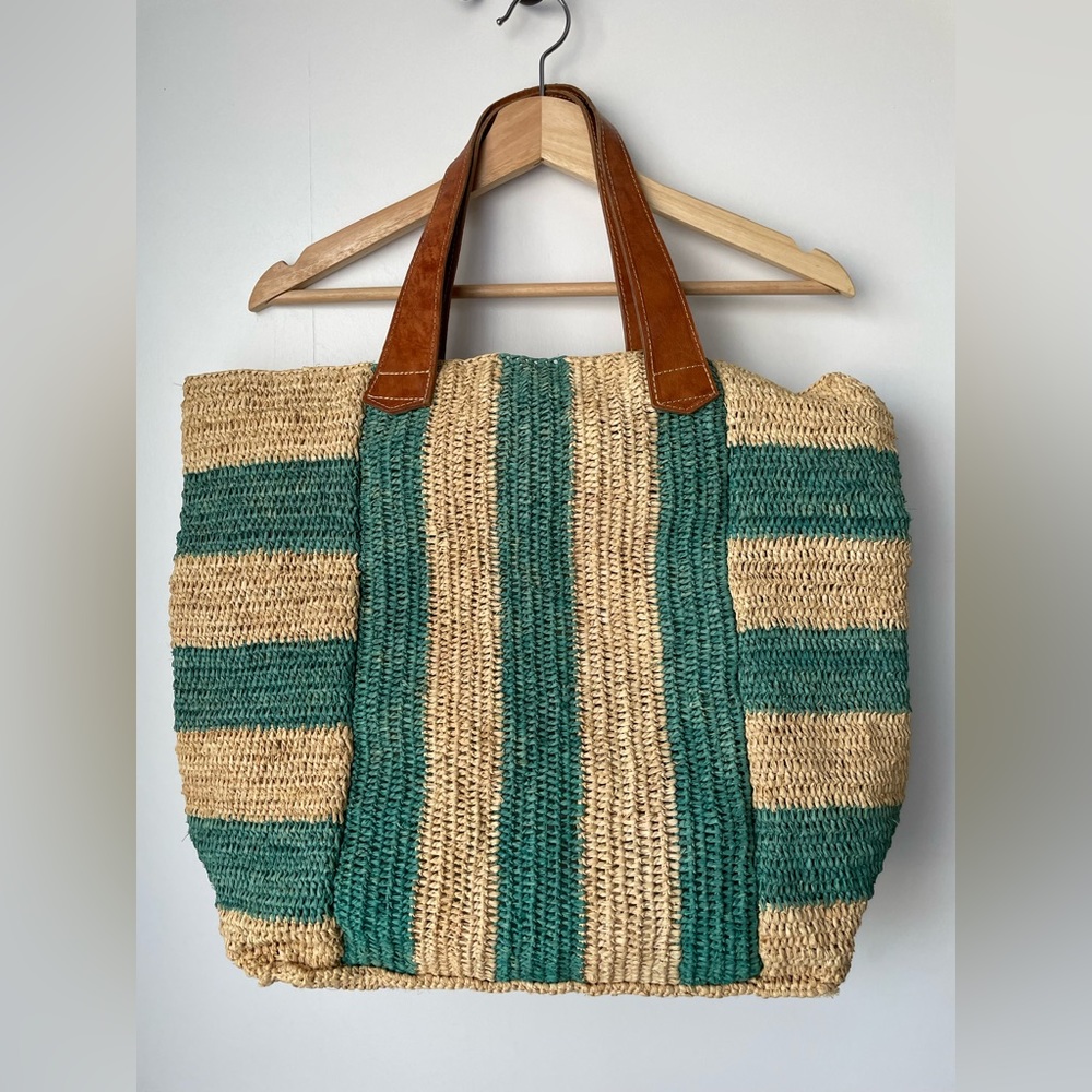 Mar Y Sol raffia aqua/beige striped tote bag